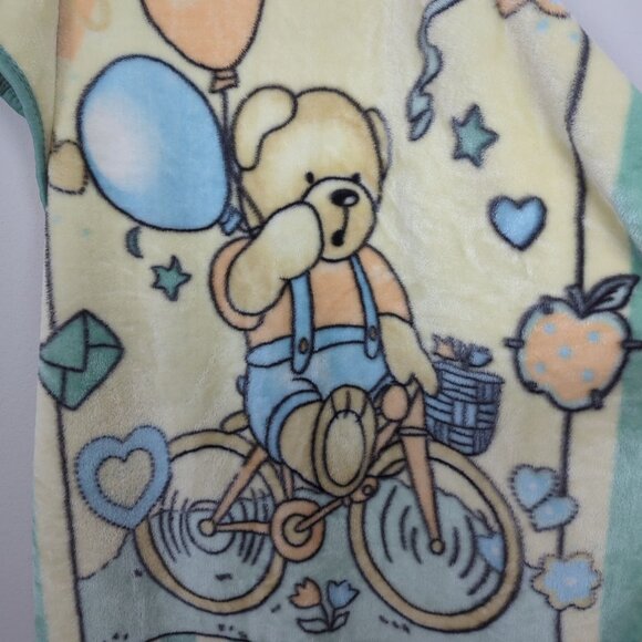 Vintage Teddy Bear Baby yellow blue Blanket Soft Fleece Balloons Bicycle Print - Picture 5 of 14